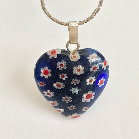Blue Murano Glass Heart Necklace Millefiori Flowers Vintage Silver Plated 18" - Picture 3 of 10